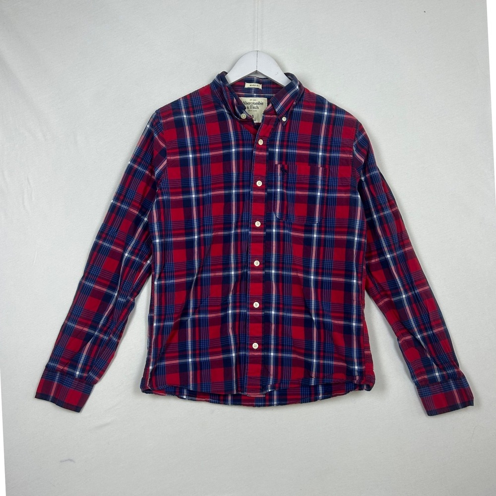 Abercrombie & Fitch Muscle Fit Plaid Flannel Shirt Red Blue Small